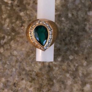 Emerald and rhinestone 12K solid gold ring